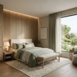 Ashar Merac Wagle Estate Thane West 3 BHK Bedroom With Soft Beige Upholstered Bed Wooden Side Tables Full Height Curtains And Spacious Layout