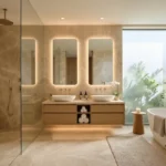 Ashar Merac Wagle Estate Thane West 3 BHK Master Bathroom With Double Vanity Freestanding Bathtub Glass Shower And Warm Ambient Lighting