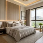 Ashar Merac Wagle Estate Thane West 3 BHK Master Bedroom With Vertical Wall Panelling Upholstered Bed Warm Cove Lighting And Neutral Decor