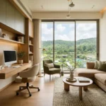 Ashar Merac Wagle Estate Thane West 3 BHK Living Room With Modern TV Unit Sectional Sofa Indoor Plants And Warm Wooden Finishes