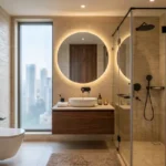 Ashar Pulse Majiwada Thane West 3 BHK Luxury Bathroom Interior With Round Backlit Vanity Mirror