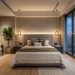 Ashar Pulse Majiwada Thane West 3 BHK Master Bedroom Interior With Evening City Skyline