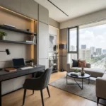 Ashar Pulse Majiwada Thane West 3 BHK Study Room Interior With Workspace Desk And Skyline View