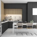 Asopalav Kandivali West 3 BHK modular kitchen with black cabinetry dining table wooden finishes and built in kitchen appliances