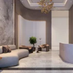 Asopalav Kandivali West luxury lobby with curved sofa marble walls reception desk chandelier lighting
