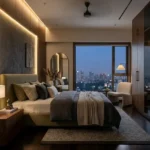 Auriga 9 Borivali West 3 BHK Warm Fluted Panel Arched Mirror Cove Lit Wood Wardrobe City Dusk View Guest Bedroom