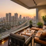 Auriga 9 Borivali West 3 BHK Tan Leather Sofa Wood Deck Potted Plant Sunset Highway Skyline Balcony