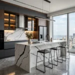 Auriga 9 Borivali West 3 BHK White Marble Island Black Bar Stool Charcoal Cabinet Sea Cityview Kitchen