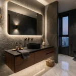 Auriga 9 Borivali West 3 BHK Rough Stone Clad Wall Black Vessel Sink Wood Vanity Backlit Mirror Cityview Bathroom