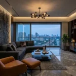 Auriga 9 Borivali West 3 BHK Raw Stone Feature Wall Dark Sectional Tan Armchair Sputnik Pendant Cityview Living Room