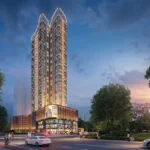 Auriga 9 Borivali West Crowned Twin Peak Gold Lit High Rise Dusk Street Level Tower Elevation