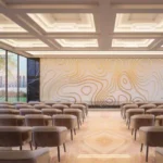 Auriga 9 Borivali West Gold Contour Mural Wall Coffered Ceiling Beige Chair Row Banquet Hall