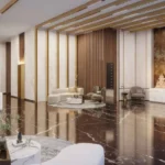 Auriga 9 Borivali West Gold Trim Marble Floor Wood Slat Panel Reflective Grand Lobby Entrance