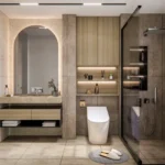 Aurum Q Islands Ghansoli Navi Mumbai 3 BHK Arch Backlit Mirror Wood Floating Vanity Smart WC Lit Open Shelf Glass Shower Bathroom