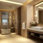 Aurum Q Islands Ghansoli Navi Mumbai 3 BHK Warm Beige Tile Glass Enclosed Shower Vessel Sink Wood Vanity Backlit Mirror Bathroom