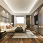 Aurum Q Islands Ghansoli Navi Mumbai 3 BHK Cove Lit Taupe Upholstered Panel Pink Cushion Built In Wardrobe TV Unit Dark Wood Floor Master Bedroom