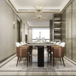 Aurum Q Islands Ghansoli Navi Mumbai 3 BHK Sputnik Crystal Chandelier Brown Leather Chair Dark Dining Table Glass Display Cabinet Formal Dining Room
