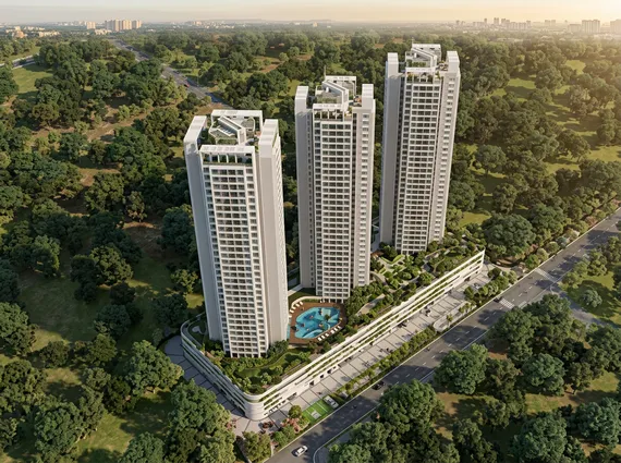 Aurum Q Islands Ghansoli Navi Mumbai Multi Tower High Rise Dense Forest Backdrop Podium Pool Aerial Exterior