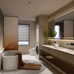 Aviara Malad West 3 BHK Modern Master Bathroom With Double Vanity Freestanding Bathtub Large Mirror
