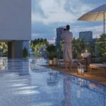 Breeze 91 Borivali West Mosaic Tile Infinity Pool Wood Deck Candle Lit Sun Lounger Umbrella Dusk Cityview Rooftop Pool Deck