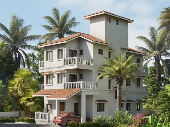 Casa Solaris Siolim Goa White Facade Terracotta Tile Roof Balcony Lush Palm Tree Villa Exterior