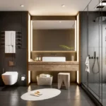 Claremont Gokuldham Goregaon East 3 BHK Luxury Bathroom With Double Vanity Wooden Counter Walk In Glass Shower Soft Lighting