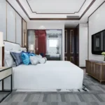 Dosti 604 Wagle Estate Thane 3 BHK Modern Bedroom With Attached Bathroom Large Bed Premium Interior Design Soft Lighting And Elegant Wooden Furniture
