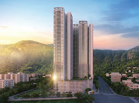 Dosti 604 Wagle Estate Thane High Rise Residential Tower Exterior With Modern Facade Premium Elevation Wide Road Connectivity And Urban Skyline View