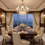 El Dorado Sea Facing Flats Worli 4 BHK Luxury Dining Room With Classic Wood Paneling Overlooking The Mumbai Skyline At Night