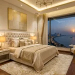 El Dorado Sea Facing Flats Worli 4 BHK Elegant Bedroom With Tufted Headboard and Large Windows