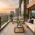 GeeCee Emerald Sector 27 Kharghar 3 BHK Balcony Seating Area With Outdoor Sofa Glass Railing Wooden Deck Flooring