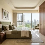 GeeCee Emerald Sector 27 Kharghar 3 BHK Guest Bedroom With Wooden Wardrobe Soft Beige Bed Upholstery Marble Flooring