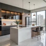GeeCee Emerald Sector 27 Kharghar 3 BHK Luxury Kitchen With Large Marble Island Built In Appliances Pendant Lights And Floor To Ceiling Windows