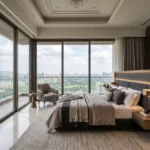 GeeCee Emerald Sector 27 Kharghar 3 BHK Master Bedroom With Upholstered Bed Warm Cove Lighting Marble Flooring Large Glass Windows
