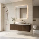 GeeCee Emerald Sector 27 Kharghar 3 BHK Modern Bathroom With Floating Vanity Backlit Mirror Glass Shower Partition And Marble Finish Walls