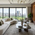 GeeCee Emerald Sector 27 Kharghar 3 BHK Spacious Living Room With Large Sectional Sofa Marble Flooring Wooden Accent Panels