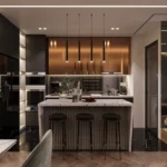 GeeCee Saphire Four Bungalows Andheri West 3 BHK Marble Fluted Island Dark Bar Modular Kitchen