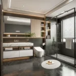 GeeCee Saphire Four Bungalows Andheri West 3 BHK Dark Marble Wall Backlit Mirror Shower Bathroom