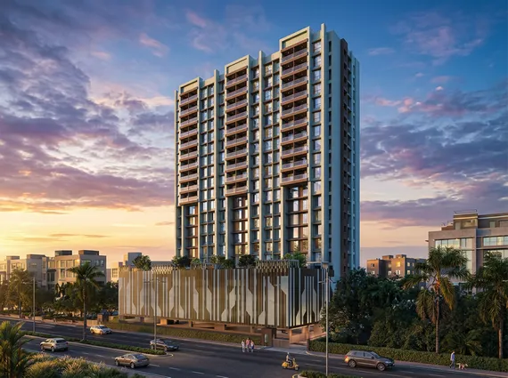 GeeCee Saphire Four Bungalows Andheri West Dusk Lit Podium Garden Multi Tower Exterior