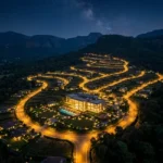 Godrej Woodside Karjat Khopoli NA Plots Night Aerial Masterplan With Illuminated Township Layout And Clubhouse
