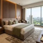Gold Leaf Saibaba Nagar Borivali 3 BHK Fluted Wood Panel Gold Pendant Upholstered Bed Green Skyline View Master Bedroom