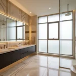 Gold Leaf Saibaba Nagar Borivali 3 BHK Gold Art Deco Inlay Backlit Mirror Double Sink Frosted Glass Rain Shower Bathroom