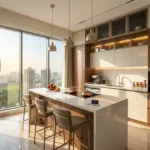 Gold Leaf Saibaba Nagar Borivali 3 BHK White Island Bar Stool Wood Cabinet Pendant Light Sunrise Cityview Kitchen