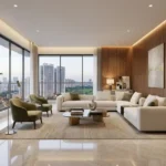 Gold Leaf Saibaba Nagar Borivali 3 BHK White Sectional Olive Armchair Wood Panel Shelf Full Cityview Living Room