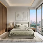 Gold Leaf Saibaba Nagar Borivali 3 BHK Sage Green Linen Bed Wood Wardrobe Floor To Ceiling Cityview Guest Bedroom