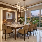 Hiranandani Westgate Thane 3 BHK Dining Room With Eight Seater Dining Table Designer Pendant Lighting Marble Flooring And Elegant Wall Panels