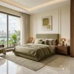 Hiranandani Westgate Thane 3 BHK Guest Bedroom With Soft Beige Bed Upholstery Wooden Wardrobe