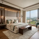 Hiranandani Westgate Thane 3 BHK Luxury Bedroom With Tufted Headboard Wooden Accent Panels Warm Lighting And Panoramic City Views