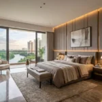 Hiranandani Westgate Thane 3 BHK Master Bedroom With Upholstered Bed Warm Cove Lighting Marble Flooring And Full Height Glass Windows