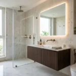Hiranandani Westgate Thane 3 BHK Modern Bathroom With Floating Vanity Backlit Mirror Glass Shower Partition